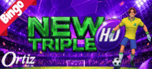 ¡Triplique sus ganancias con New Triple HD! <br/>
<br/>
Experimente el nuevo concepto de Video Bingo y aventúrese con los simpáticos Big Eye y el Sombrero de la suerte.  <br/>
<br/>
Este juego comienza con el sorteo inicial de 30 bolas, la posibilidad de 10 bolas extras y además ¡bolas extras gratis! <br/>
<br/>
Trece premios y un acumulado esperan por usted en esta fantástica aventura.  <br/>
<br/>
Cuando el Joker aparece, te invita a escoger el siguiente número a ser sorteado en la ronda de Bolas Extras.<br/>
<br/>
 ¡Ven y diviértete con New Triple!